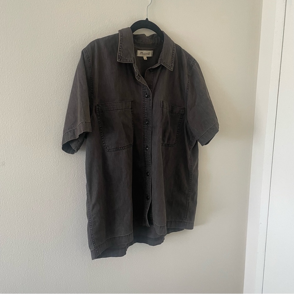 Madewell Button Down Shirt Short sleeve Blouse Washed Black Grey Large L